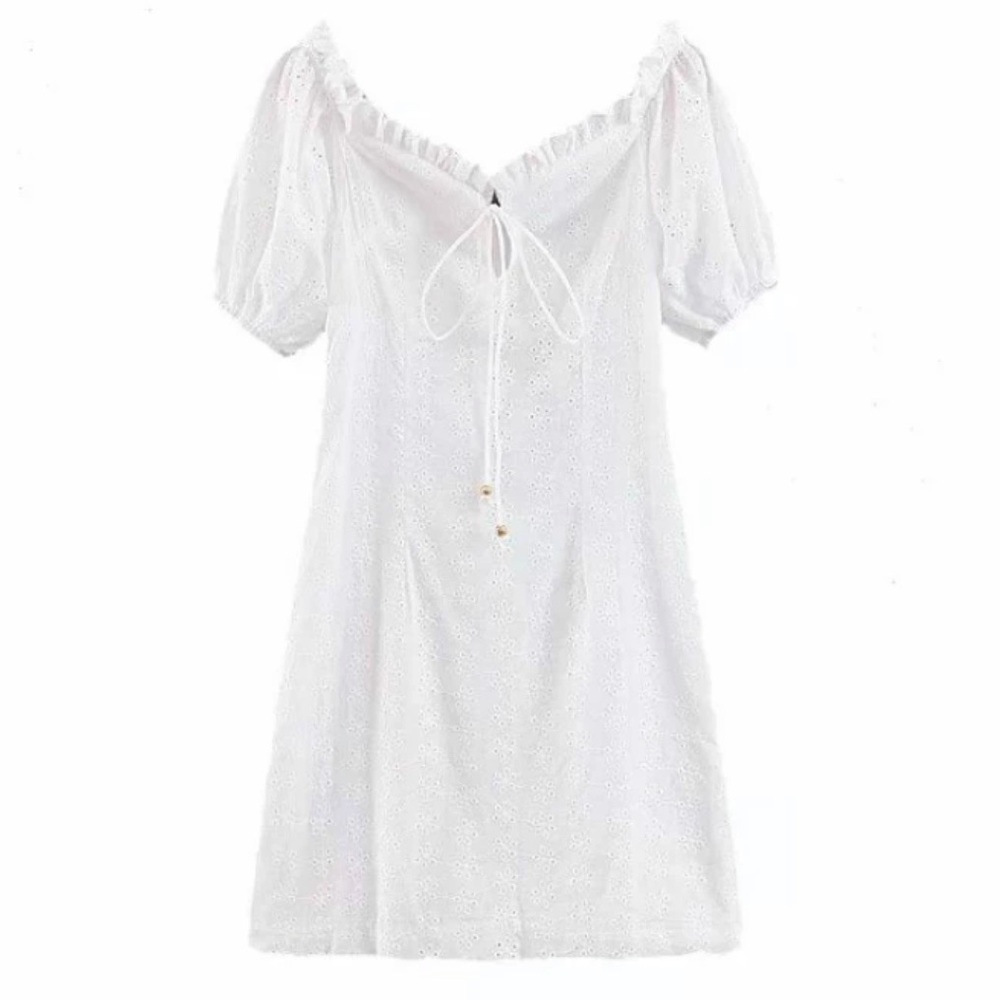 White Crochet Eyelet Lace Square Neck LaceUp Dress - Picture 8 of 11